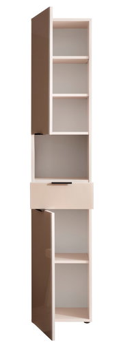 Hochschrank mit zwei offenen Türen und einer Schublade, frontal betrachtet