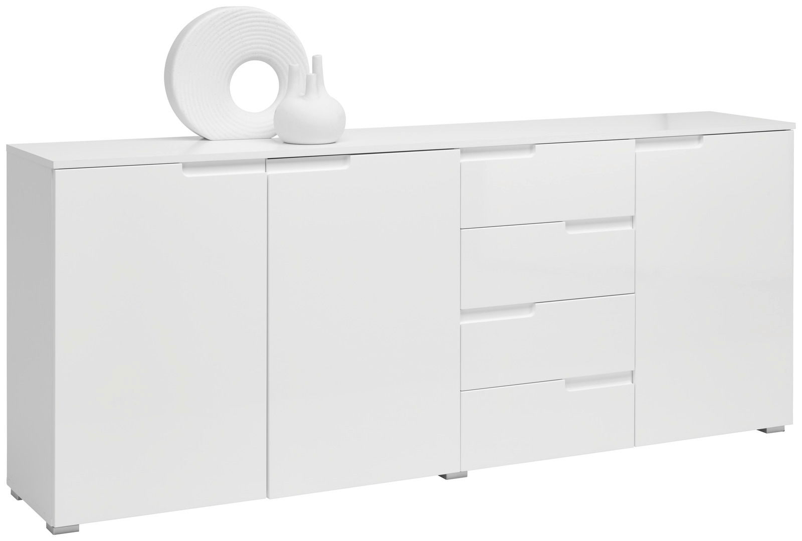 Weißes XL-Sideboard mit zwei Türen und vier Schubladen, dekoriert mit einer Vase und einem runden Objekt, seitliche Perspektive