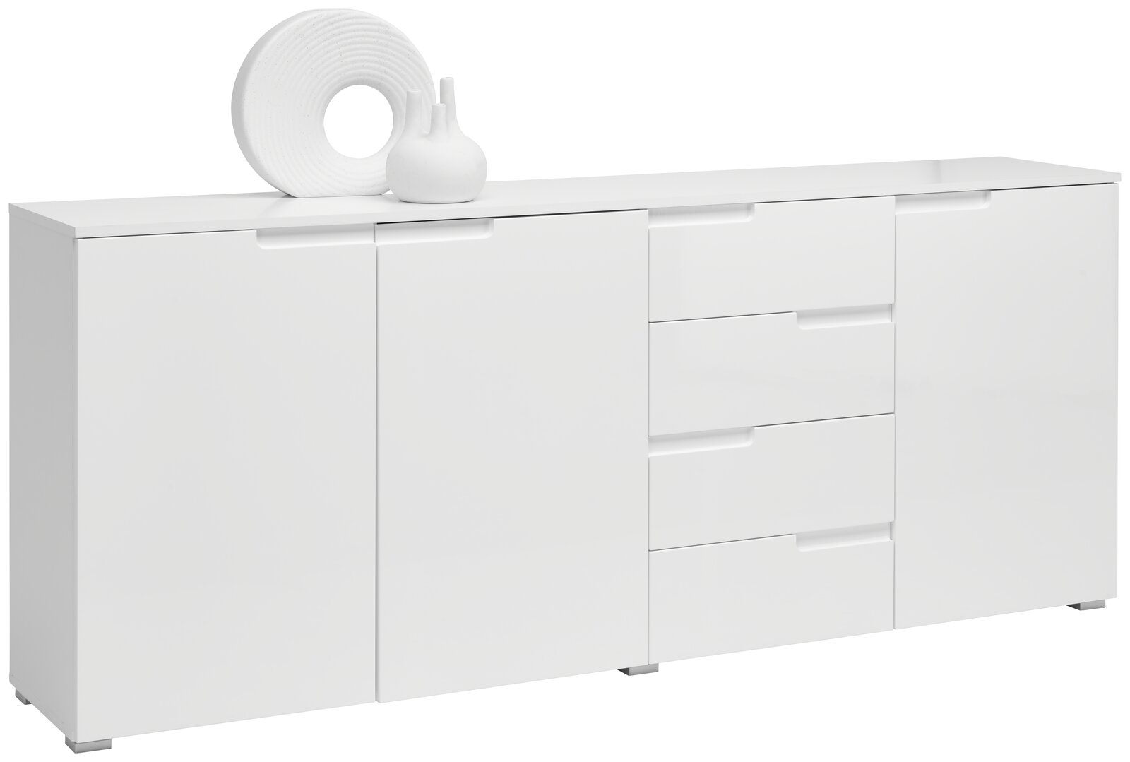 Weißes XL-Sideboard mit zwei Türen und vier Schubladen, dekoriert mit einer Vase und einem runden Objekt, seitliche Perspektive