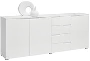 Weißes XL-Sideboard mit zwei Türen und vier Schubladen, dekoriert mit einer Vase und einem runden Objekt, seitliche Perspektive