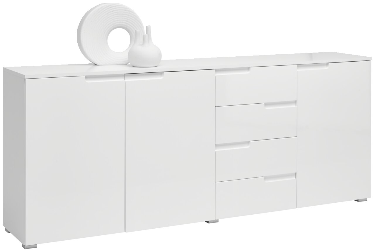Weißes XL-Sideboard mit zwei Türen und vier Schubladen, dekoriert mit einer Vase und einem runden Objekt, seitliche Perspektive