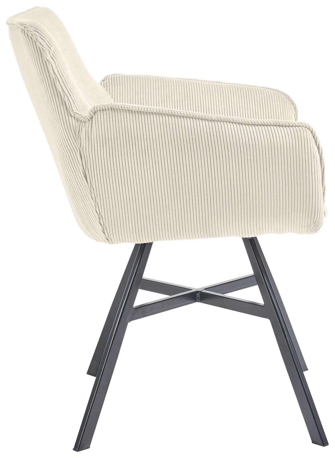 Seitenansicht eines cremefarbenen Armlehnstuhls mit geripptem Stoffbezug und schwarzen Metallbeinen.