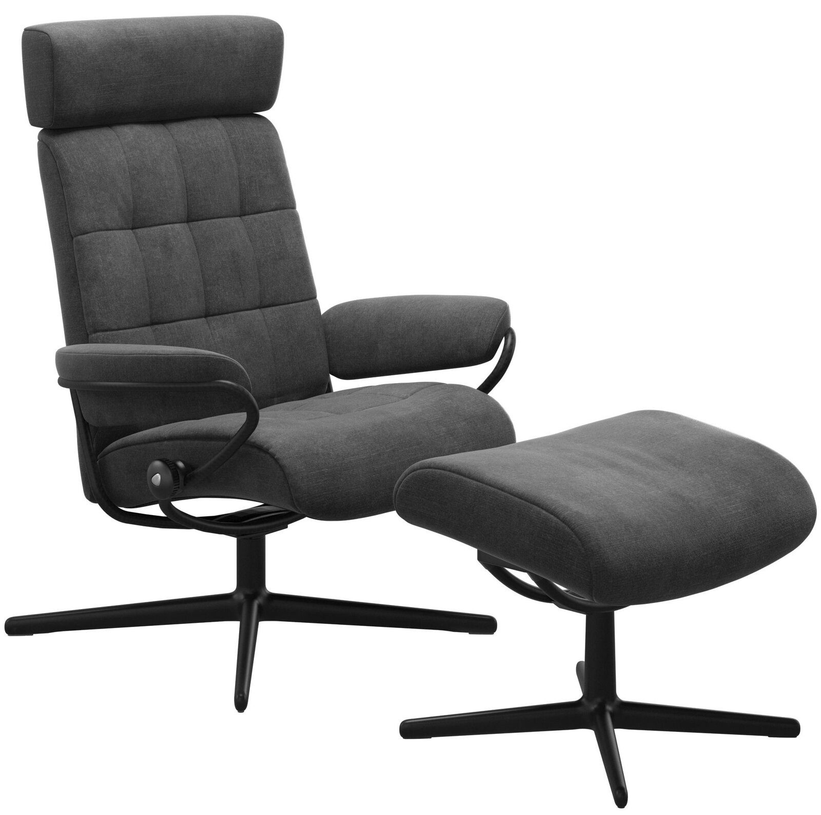 Moderner Einzelsessel mit Kopfstütze und passendem Hocker, seitliche Perspektive