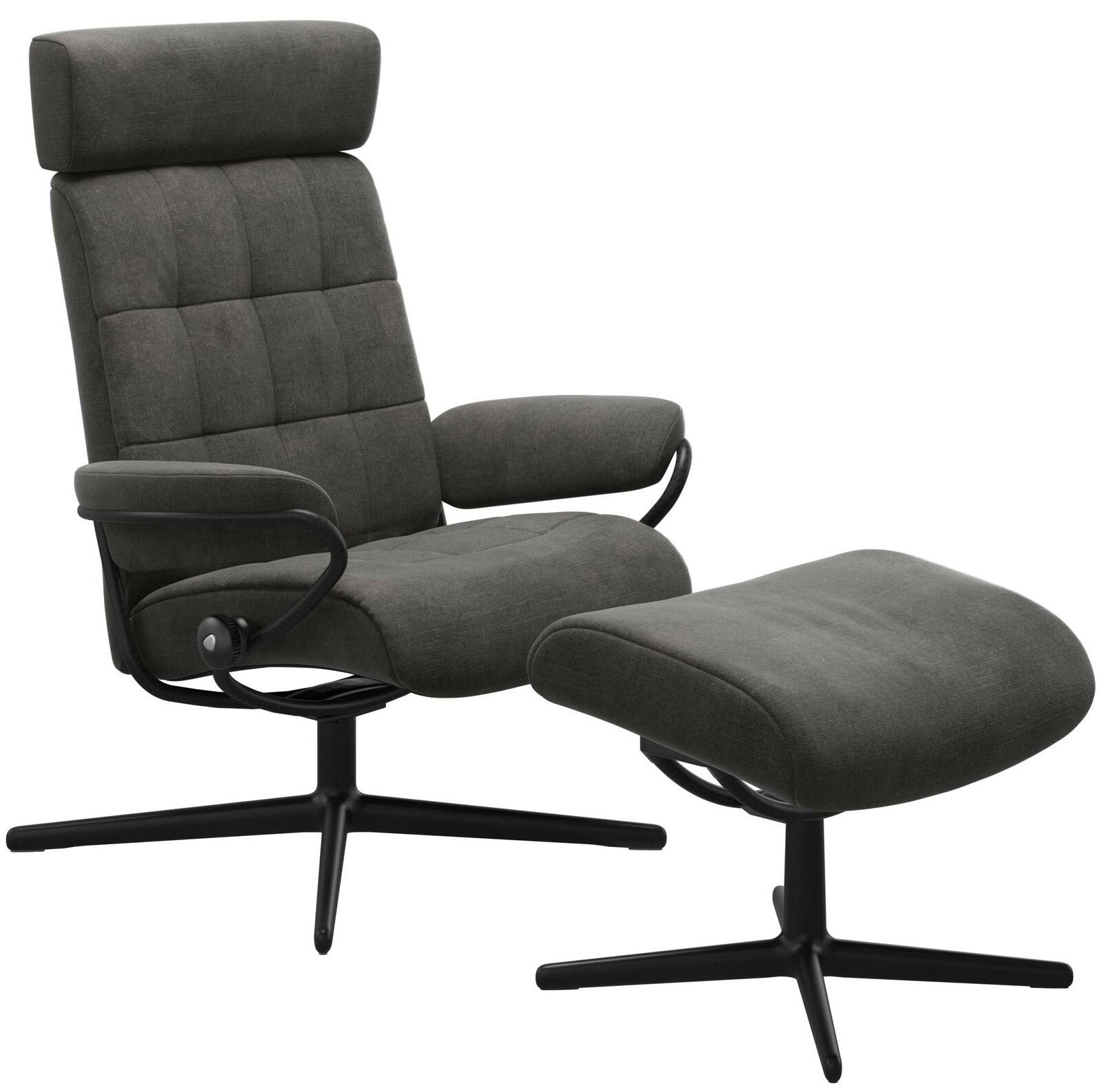Moderner Einzelsessel mit Kopfstütze und passendem Hocker, seitliche Perspektive