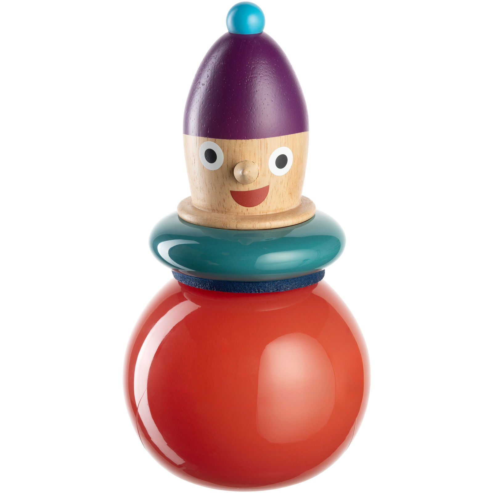 Leonardo Pino-vaas BUONI AMICI Bunte Objektvase Pino in Form einer fröhlichen Figur mit rotem Körper, grünem Kragen und lila Mütze, frontal abgebildet.