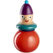 Bunte Objektvase Pino in Form einer fröhlichen Figur mit rotem Körper, grünem Kragen und lila Mütze, frontal abgebildet.