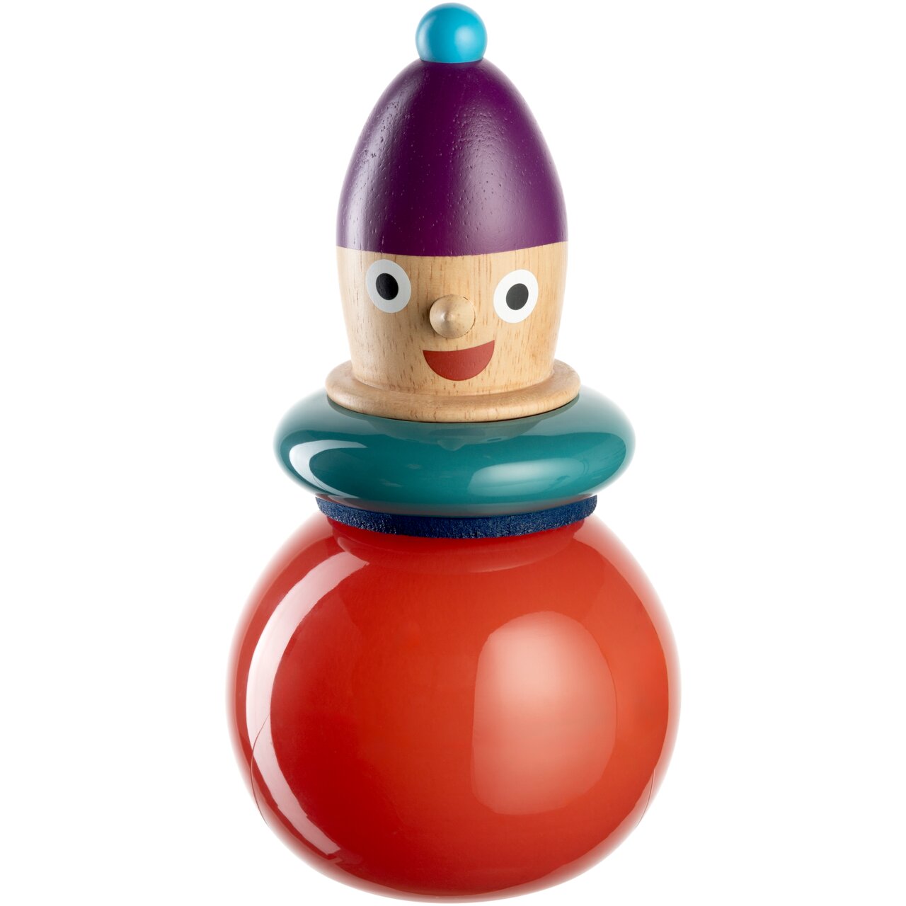 Bunte Objektvase Pino in Form einer fröhlichen Figur mit rotem Körper, grünem Kragen und lila Mütze, frontal abgebildet.