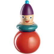 Bunte Objektvase Pino in Form einer fröhlichen Figur mit rotem Körper, grünem Kragen und lila Mütze, frontal abgebildet.
