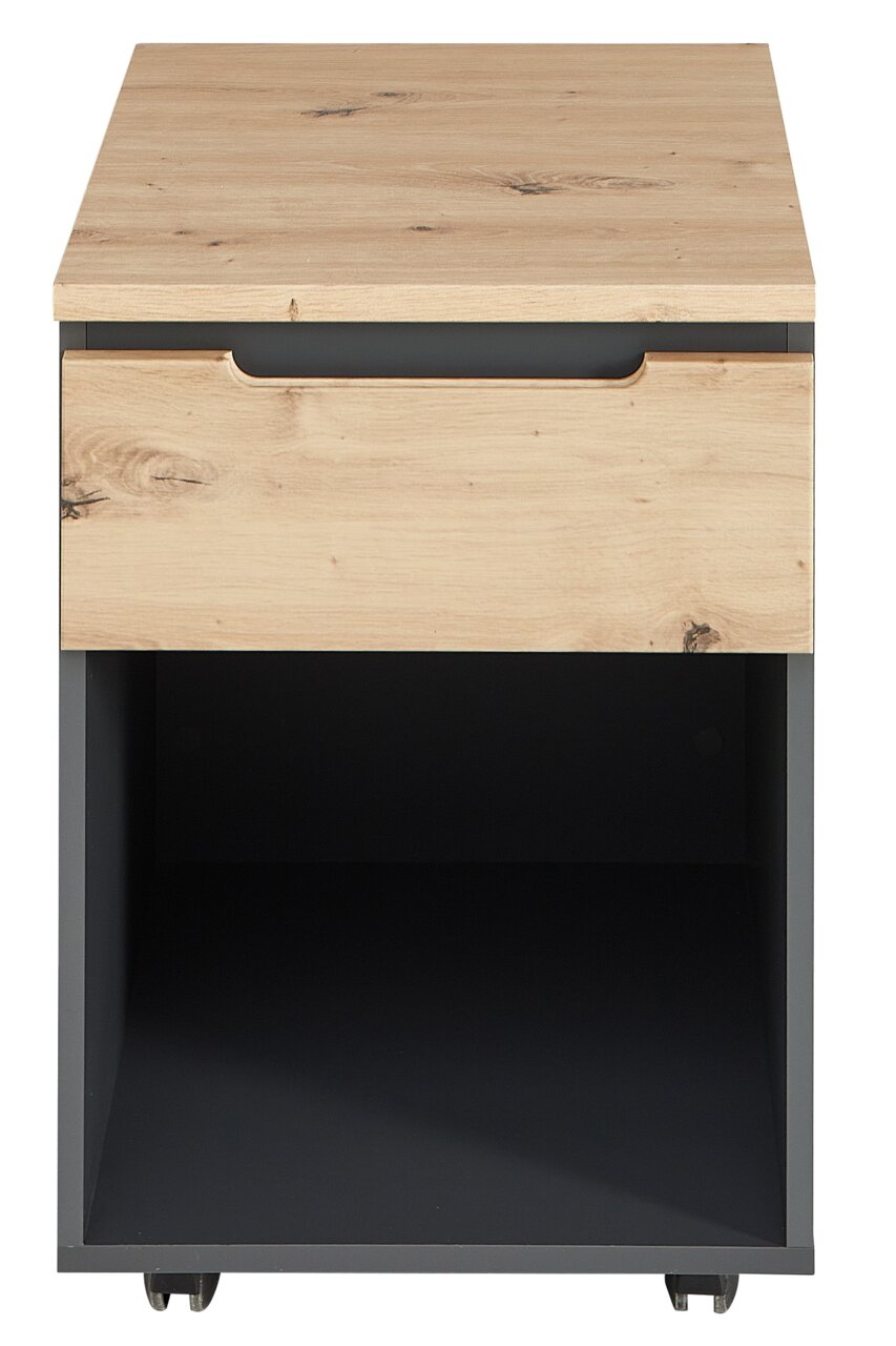 Frontansicht eines Rollcontainers mit Holzoptik und einer Schublade, darunter ein offenes Fach.