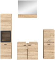 Badkombination BOSTON in Holzoptik, bestehend aus einem Spiegel, einem hohen Schrank mit Glaseinsatz, einem Waschbeckenunterschrank und einem weiteren hohen Schrank, frontal betrachtet.