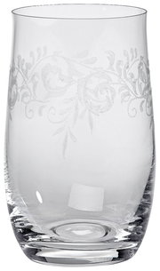 Transparenter Becher mit floralem Muster, seitliche Perspektive
