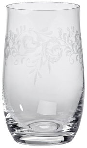 Transparenter Becher mit floralem Muster, seitliche Perspektive