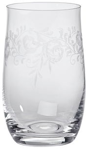 Transparenter Becher mit floralem Muster, seitliche Perspektive