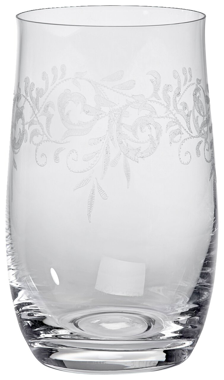 Transparenter Becher mit floralem Muster, seitliche Perspektive