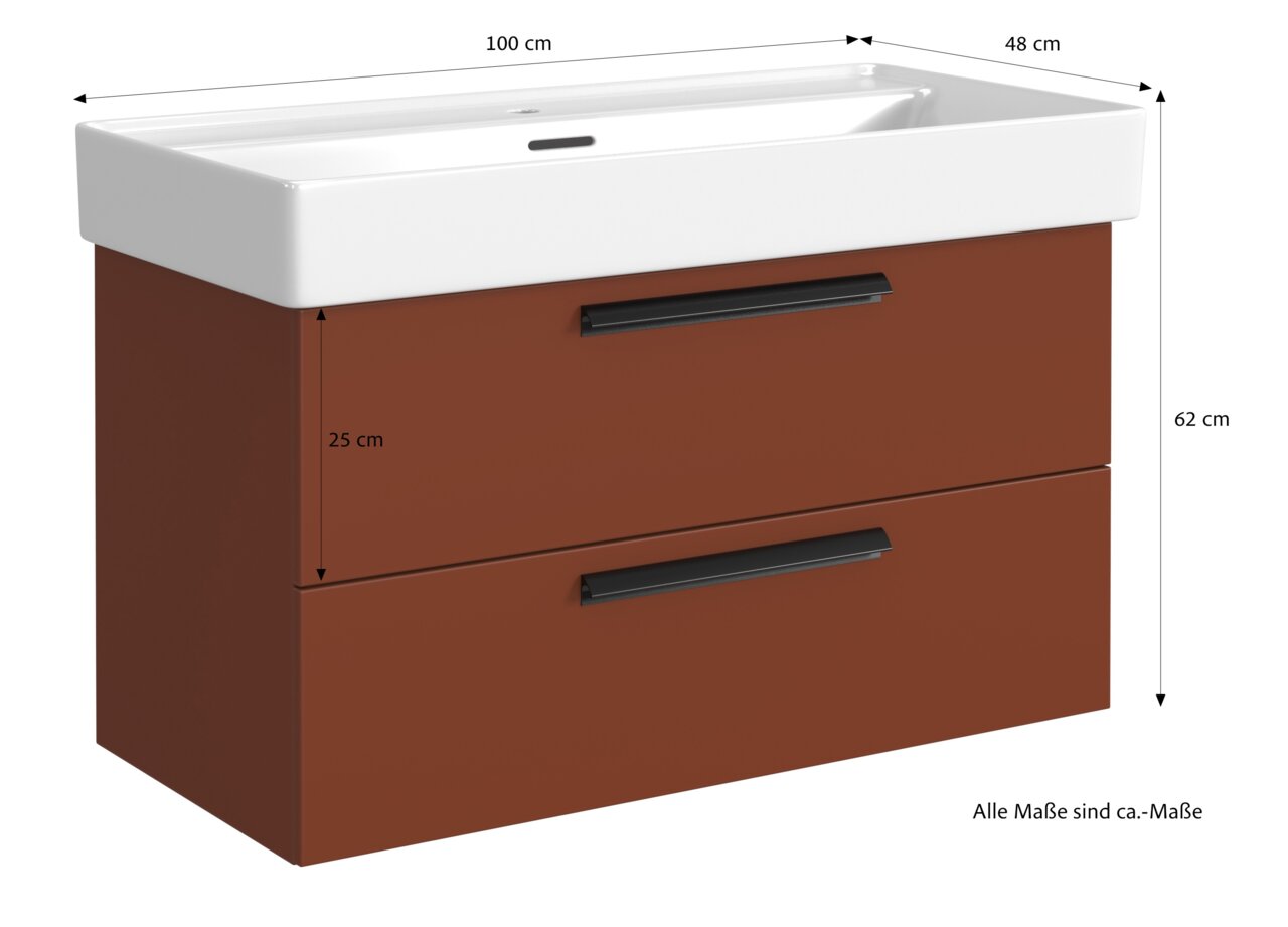 Vooraanzicht van een moderne wastafelcombinatie met twee lades in roestrood en een witte wastafel, afmetingen: 100 cm breed, 48 cm diep, 62 cm hoog.