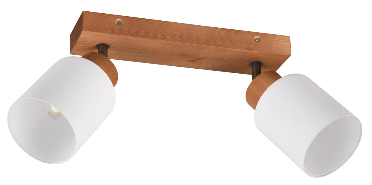 Zweiflammiger Deckenstrahler Assam aus Holz und weißem Glas, seitliche Perspektive