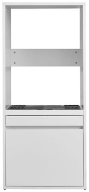 Frontansicht eines weißen Waschmaschinenschranks mit offenem Regalbereich oben und einer Schublade unten.