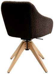 Rückansicht eines Armlehnstuhls mit braunem Stoffbezug und hellen Holzbeinen.