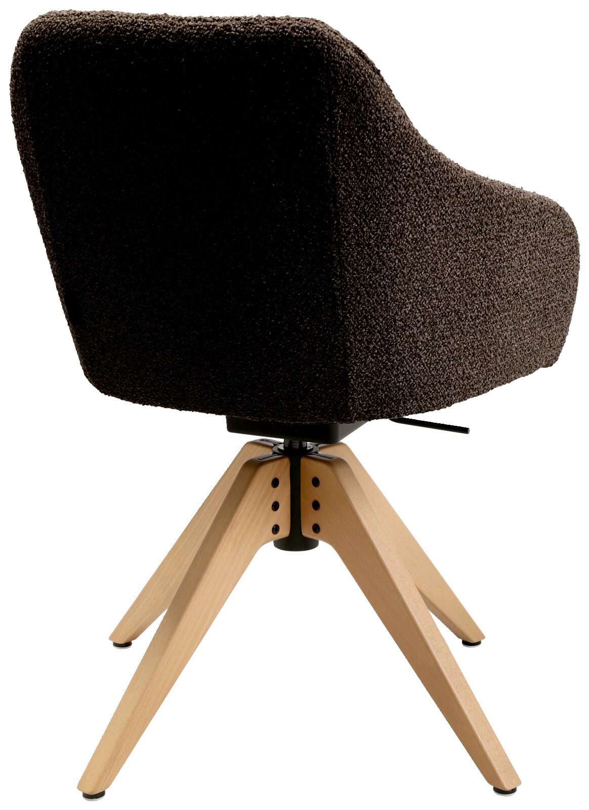 Achterkant van een fauteuil met bruine stoffen bekleding en lichte houten poten.