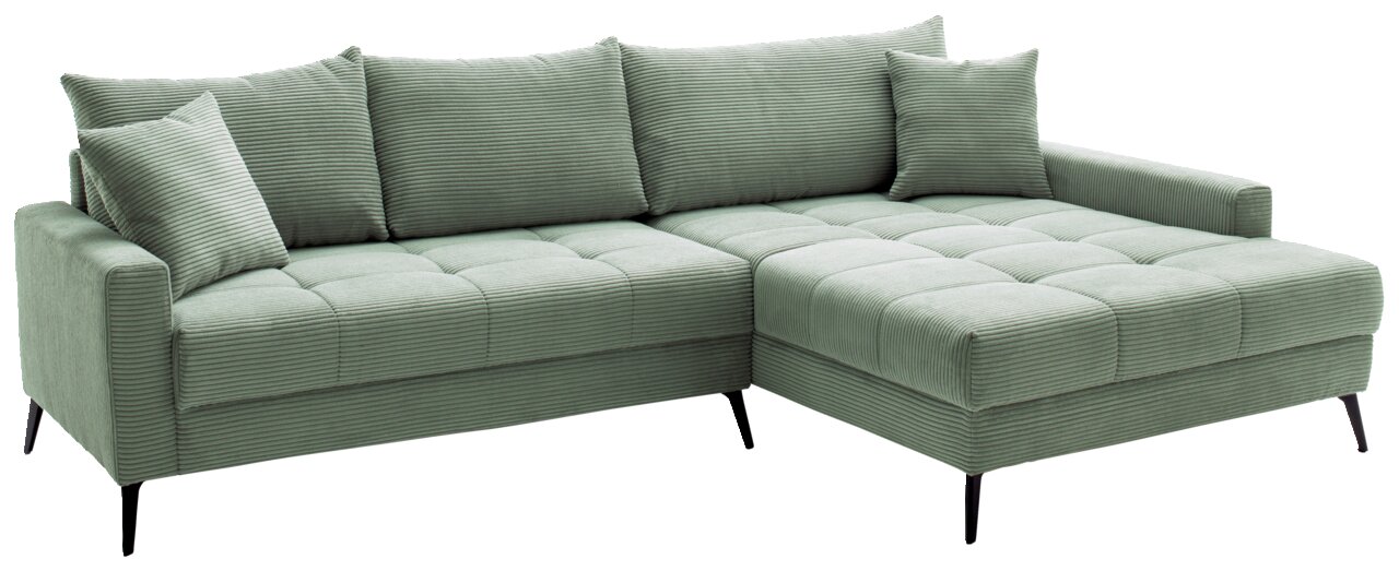 Hom´in Ecksofa SOFIA Grünes Ecksofa mit rechter Ottomane, gerippter Stoff, moderne schwarze Beine, Perspektive von vorne links