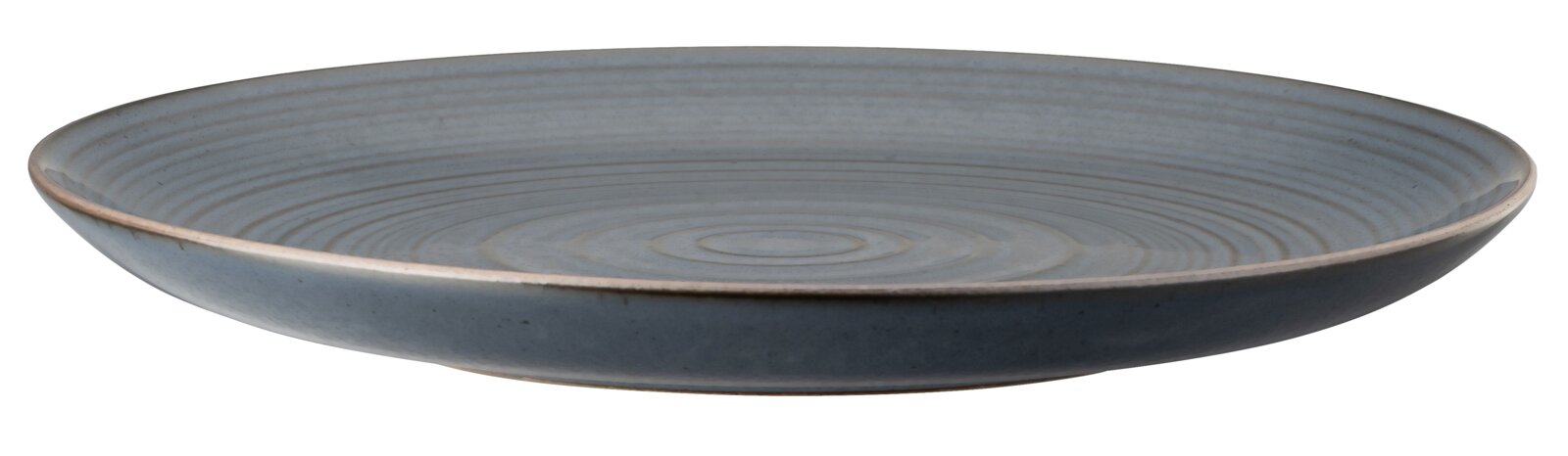 Blauer Frühstücksteller aus Keramik mit feinen konzentrischen Kreisen, seitliche Perspektive