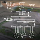 Technische Zeichnung eines Edelstahl-Startersets mit Steckdosen und Kabeln, Draufsicht und Seitenansicht mit Maßangaben.