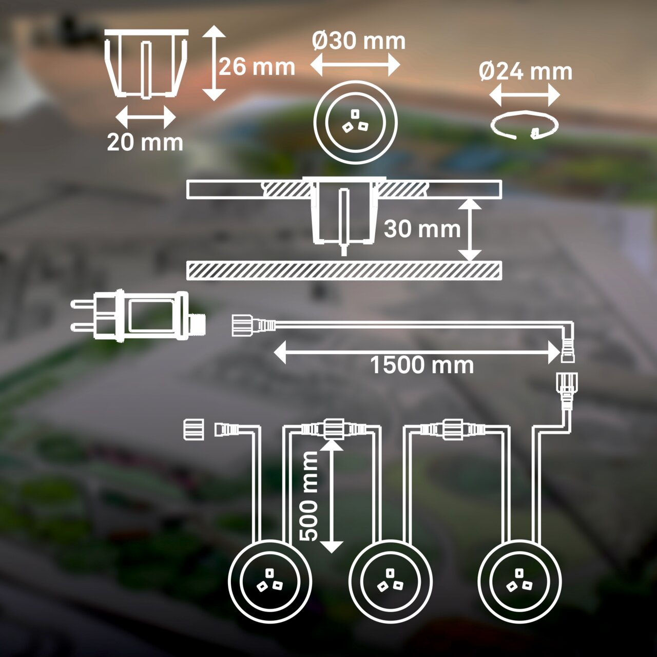 Technische Zeichnung eines Edelstahl-Startersets mit Steckdosen und Kabeln, Draufsicht und Seitenansicht mit Maßangaben.