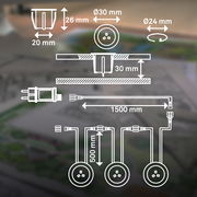 Technische Zeichnung eines Edelstahl-Startersets mit Steckdosen und Kabeln, Draufsicht und Seitenansicht mit Maßangaben.