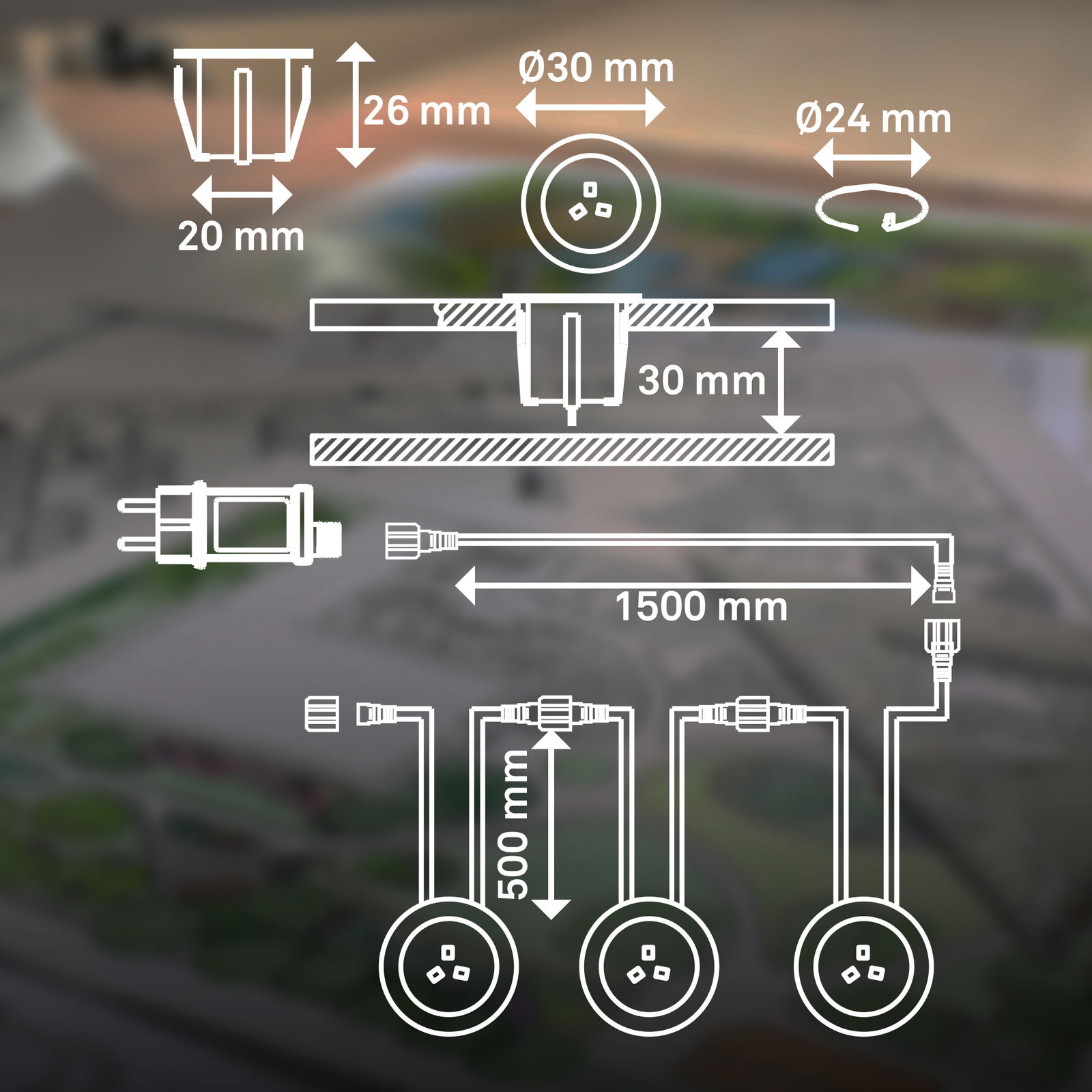 Technische Zeichnung eines Edelstahl-Startersets mit Steckdosen und Kabeln, Draufsicht und Seitenansicht mit Maßangaben.
