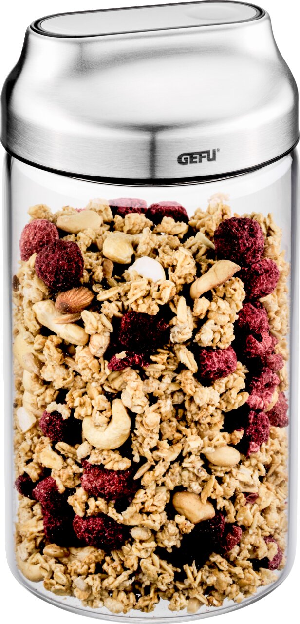 Vorratsdose 1 L mit Edelstahl-Deckel, gefüllt mit Müsli, aus der Frontalperspektive
