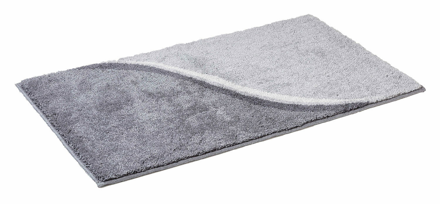 Grauer Badteppich 55x60cm mit wellenförmigem Muster, seitliche Perspektive