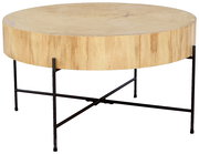 Runder Couchtisch aus Holz mit schwarzem Metallgestell, seitliche Perspektive