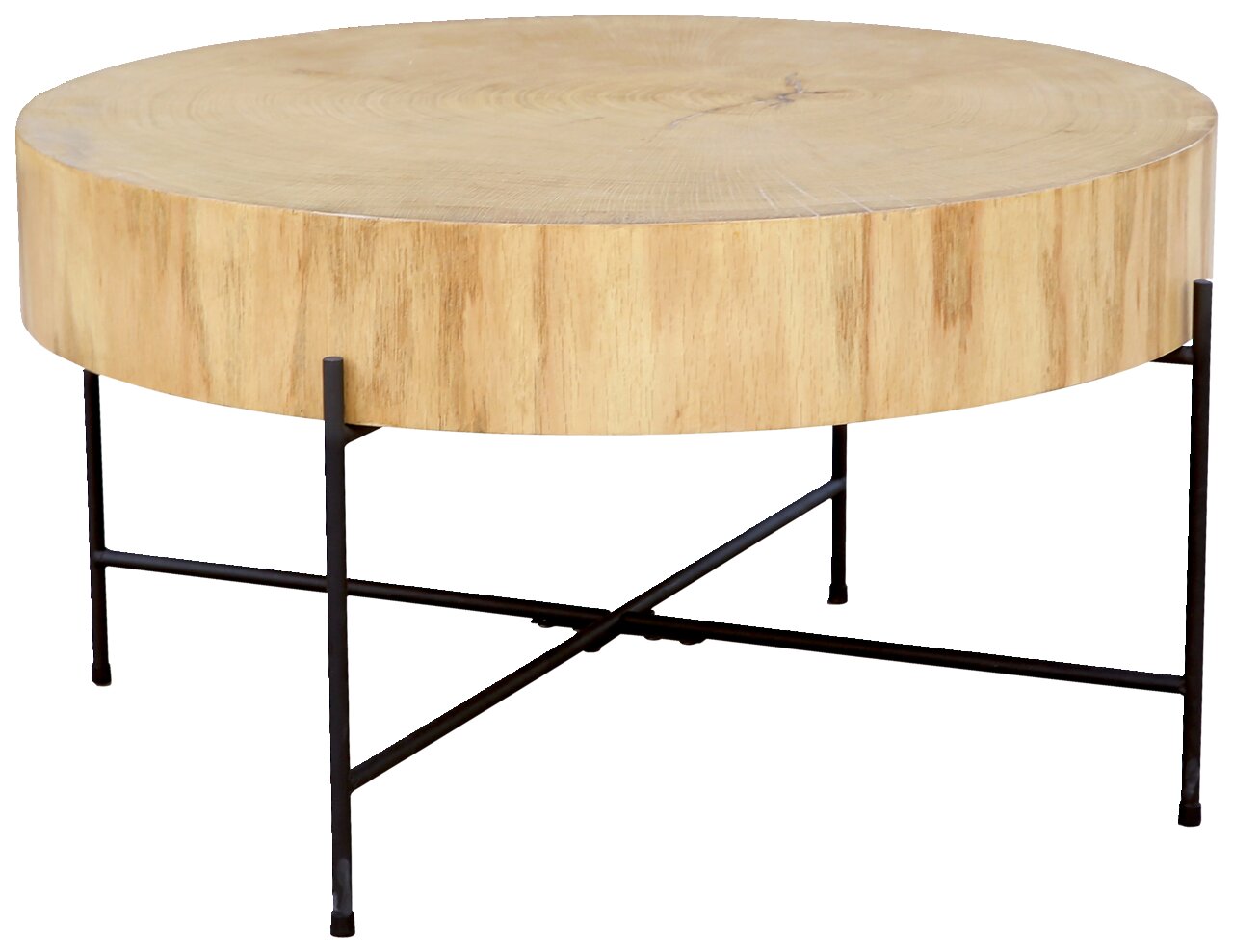 Runder Couchtisch aus Holz mit schwarzem Metallgestell, seitliche Perspektive