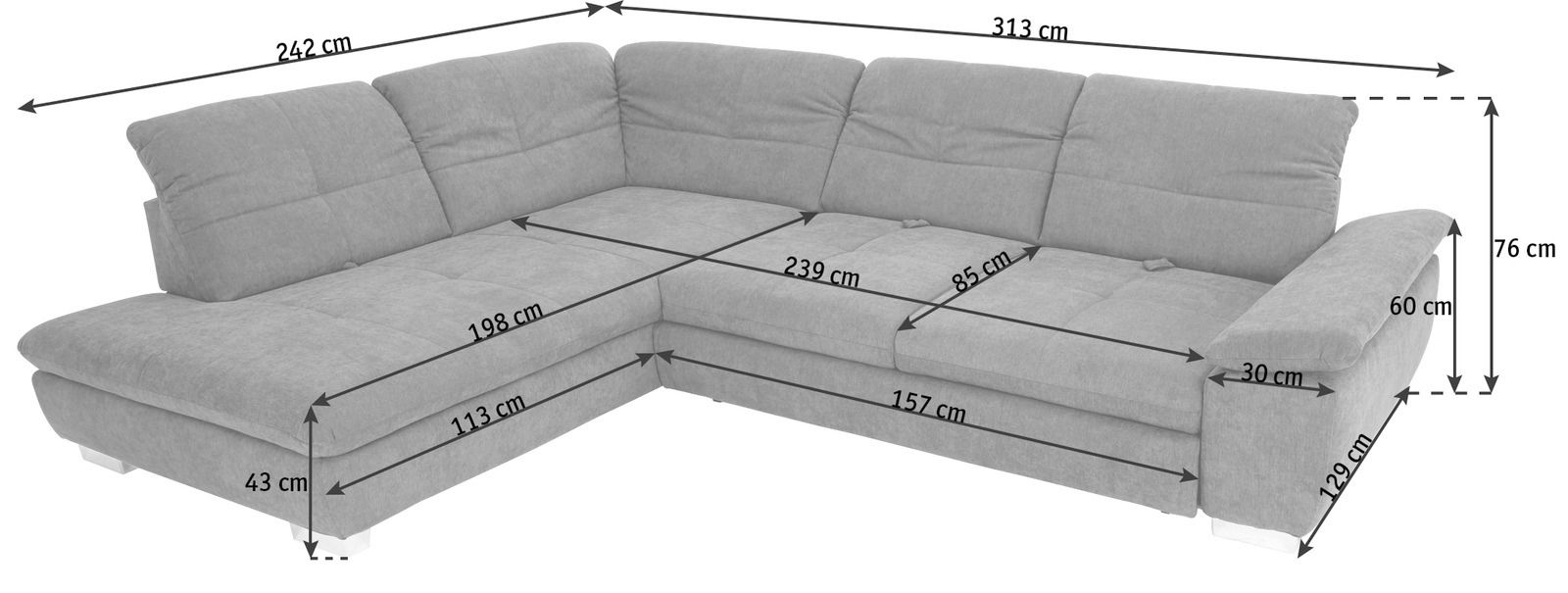 Graue Polsterrundecke in L-Form mit detaillierten Abmessungen, perspektivisch von vorne links betrachtet.