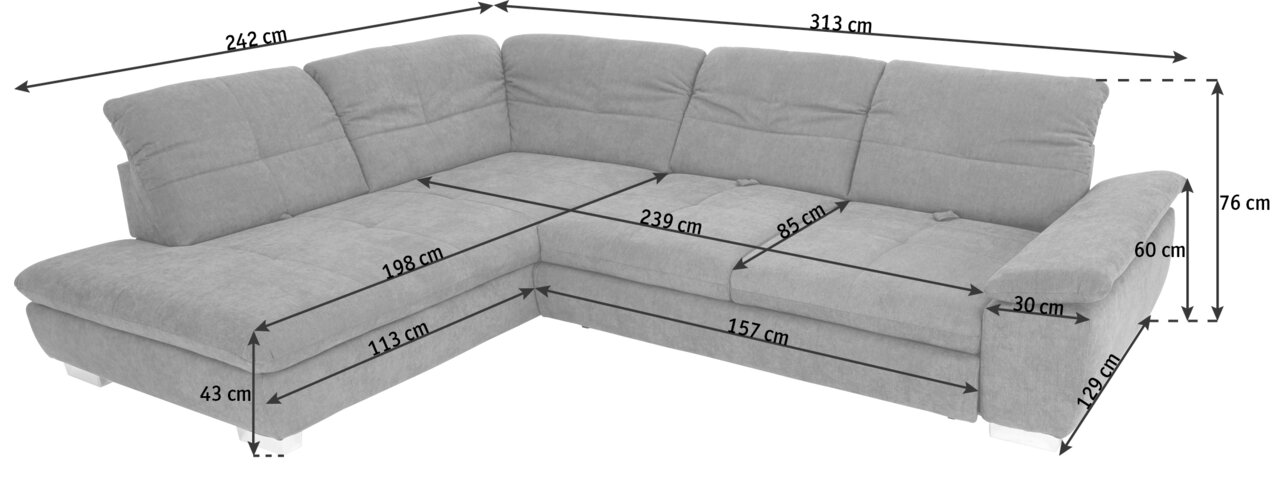 Graue Polsterrundecke in L-Form mit detaillierten Abmessungen, perspektivisch von vorne links betrachtet.