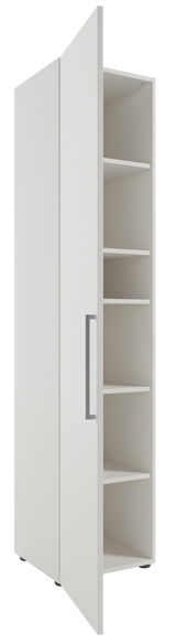 Hoher Aktenschrank mit offener Tür, linke Ansicht, weiße Farbe, mehrere Einlegeböden.