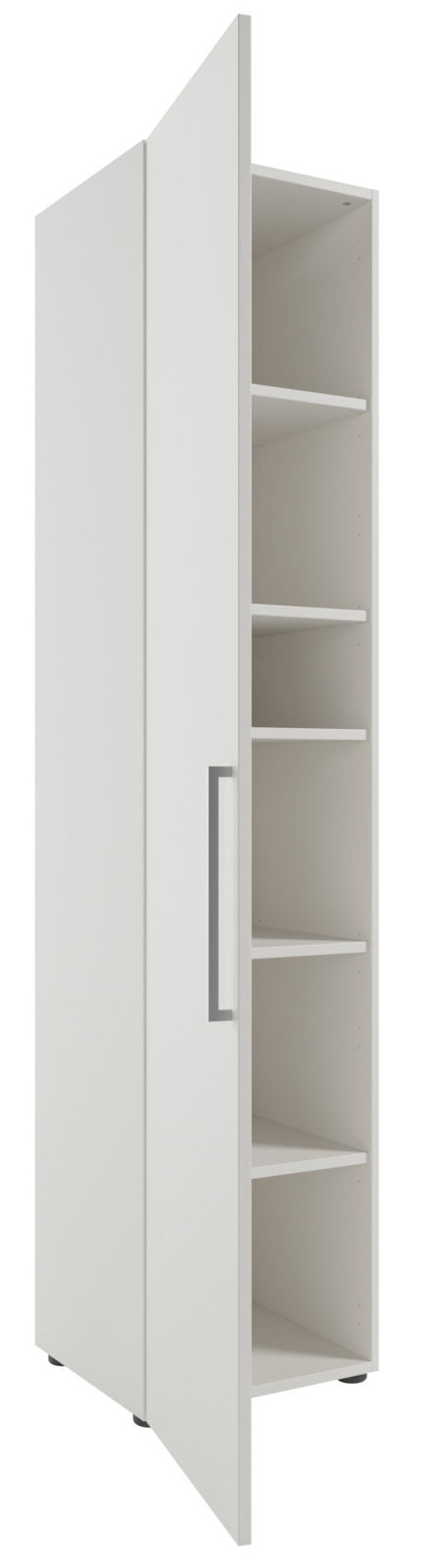 Hoher Aktenschrank mit offener Tür, linke Ansicht, weiße Farbe, mehrere Einlegeböden.