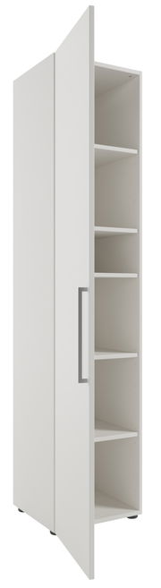 Hoher Aktenschrank mit offener Tür, linke Ansicht, weiße Farbe, mehrere Einlegeböden.