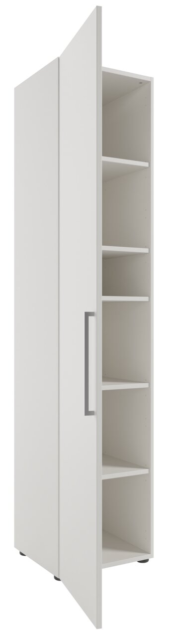 Hoher Aktenschrank mit offener Tür, linke Ansicht, weiße Farbe, mehrere Einlegeböden.