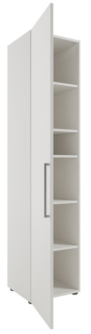 Hoher Aktenschrank mit offener Tür, linke Ansicht, weiße Farbe, mehrere Einlegeböden.