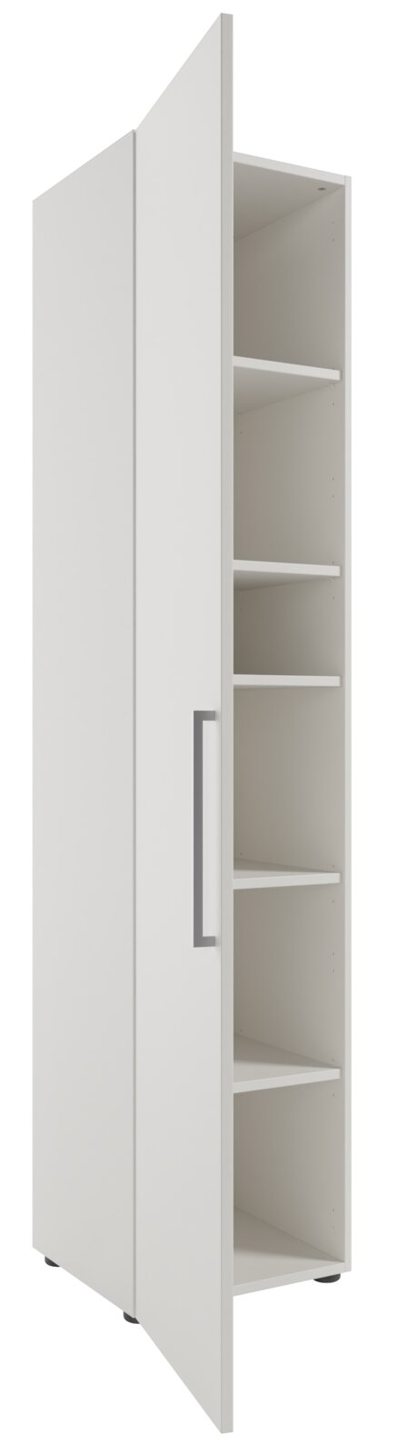 Hoher Aktenschrank mit offener Tür, linke Ansicht, weiße Farbe, mehrere Einlegeböden.
