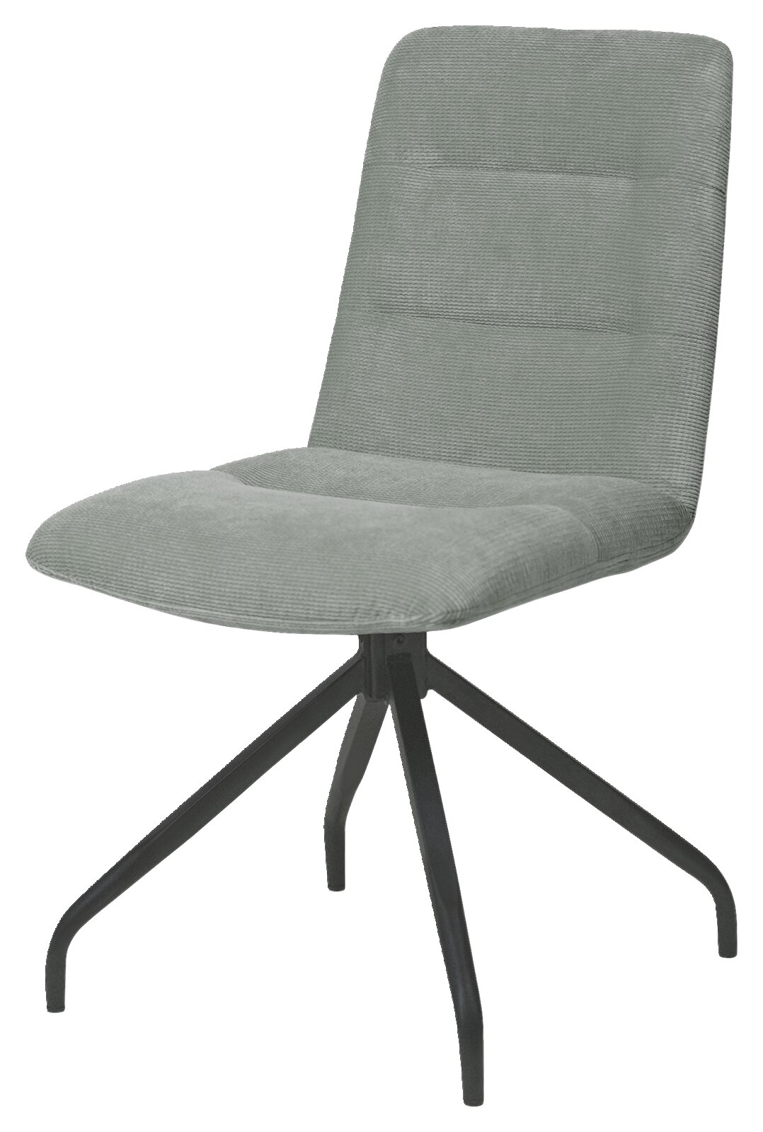 Moderner Stuhl mit grauem Stoffbezug und schwarzem Metallgestell, seitliche Perspektive