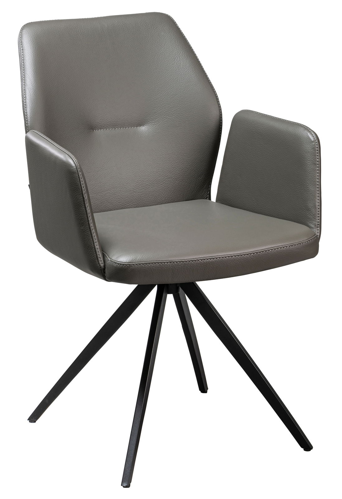 Moderner grauer Sessel mit Armlehnen und schwarzem Metallgestell, seitliche Perspektive