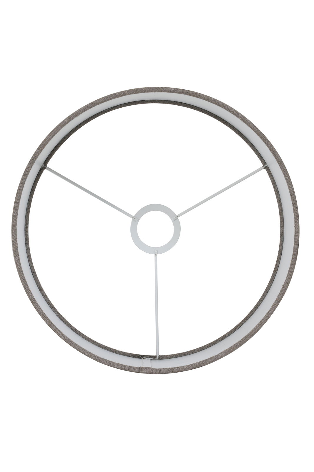 Draufsicht auf einen runden Lampenschirm mit Metallstreben und grauem Rand.