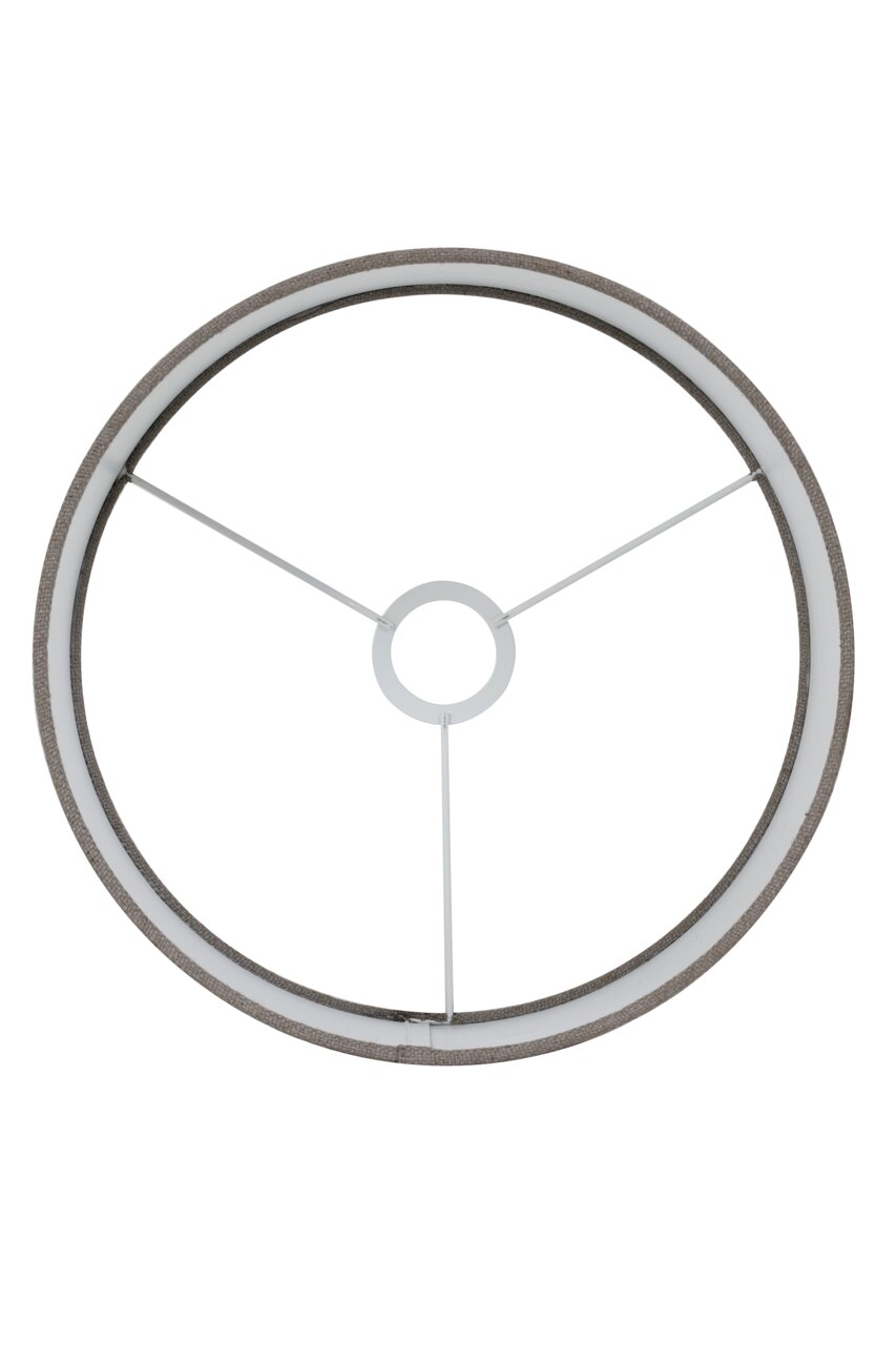 Draufsicht auf einen runden Lampenschirm mit Metallstreben und grauem Rand.