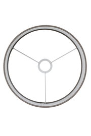 Draufsicht auf einen runden Lampenschirm mit Metallstreben und grauem Rand.