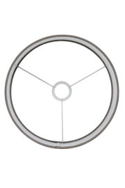 Bovenaanzicht van een ronde lampenkap met metalen spanten en een grijze rand.