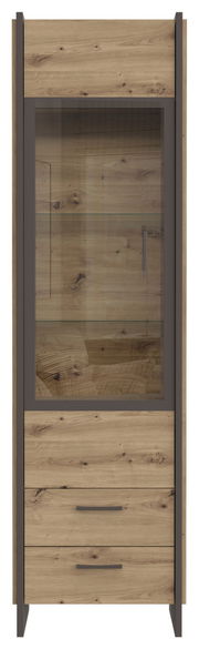 Vitrine aus Holz mit Glastür und zwei Schubladen, frontale Ansicht