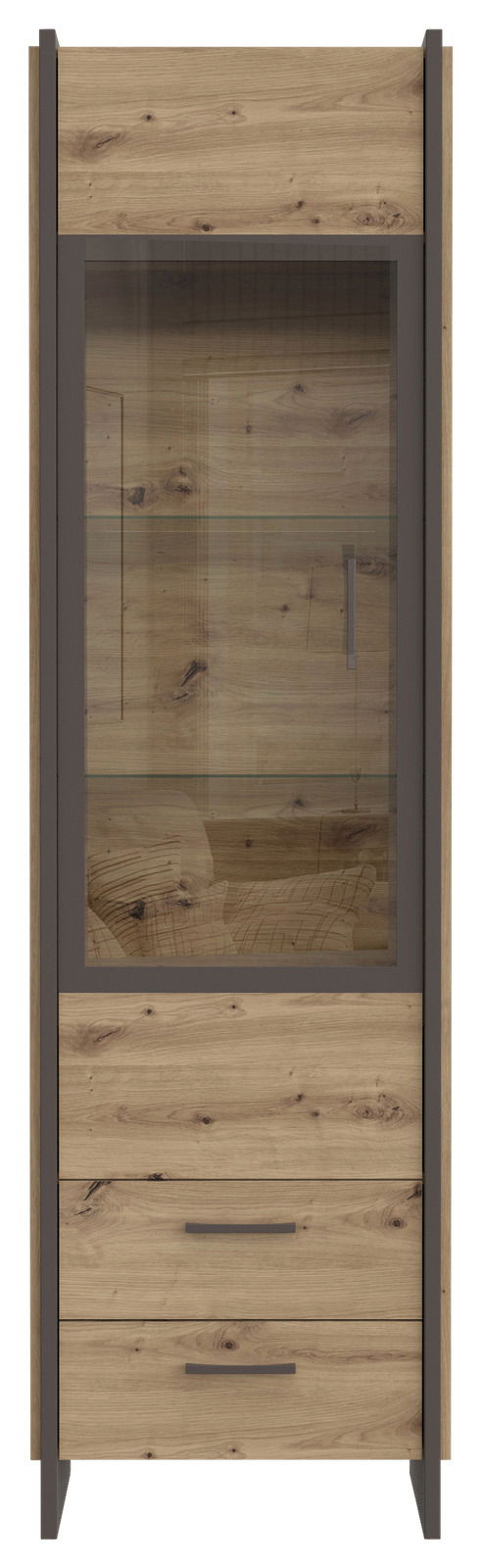 Vitrine aus Holz mit Glastür und zwei Schubladen, frontale Ansicht
