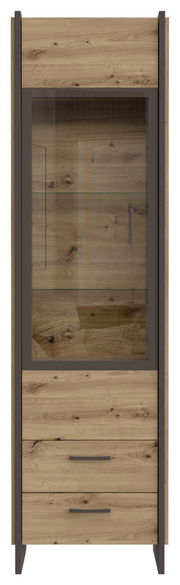 Vitrine aus Holz mit Glastür und zwei Schubladen, frontale Ansicht